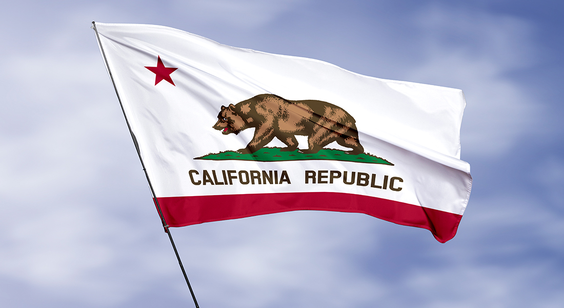 The California state flag waves against the sky